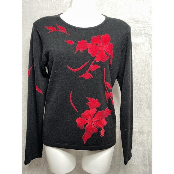 𝅺CATHY Daniels black acrylic flower print sweater Sz M - Picture 1 of 9